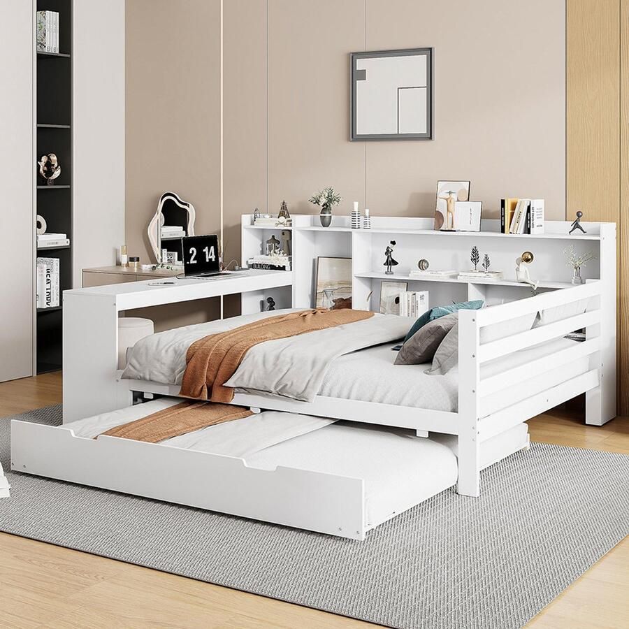 BLACKCOLORS Slaapbank van massief hout 140x200 cm met bureau planken opbergvakken en rekken met stopcontacten uitschuifbaar bed onder het bed multifunctioneel tweepersoonsbed van wit hout