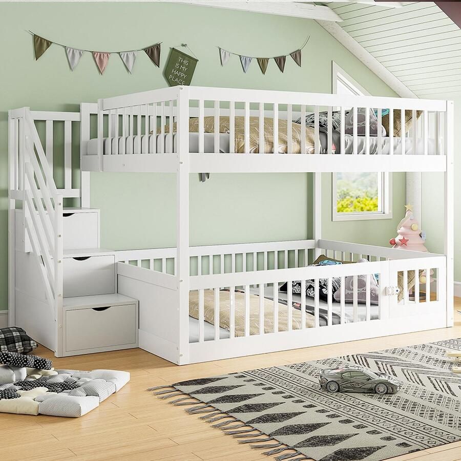 BLACKCOLORS Stapelbed 140x200 cm Kinderbed Met veiligheidsladder Opbergladen Opbergruimte Van wit hout Eénpersoons Geschikt voor kinderen en tieners