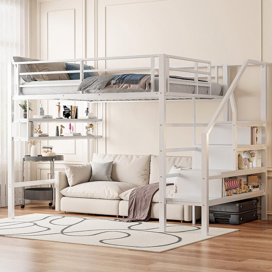 KOMHTOM Mezzaninebed Kinderbed 140x200 cm met planken opberg ladder vrije ruimte onder het bed voor aankleden veiligheidshek wit