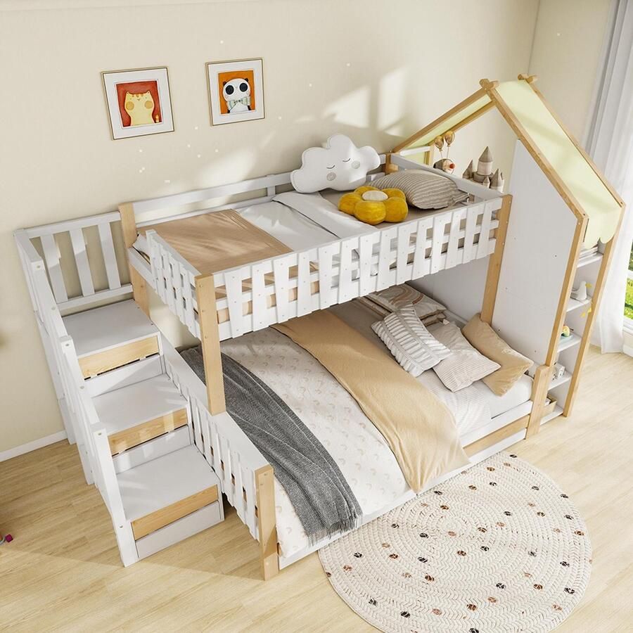 BLACKCOLORS Stapelbed 90 x 200 cm + 140 x 200 cm veiligheidshekken opbergladder leuning 2 lades onregelmatig hek zonder matras wit + naturel