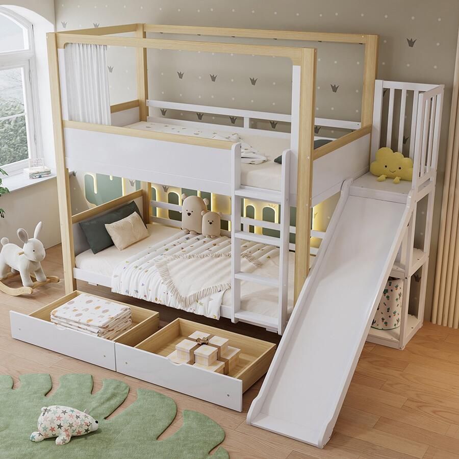 BLACKCOLORS Stapelbed babybed twee lades op wieltjes met glijbaan voor kinderen bovenbed met stoffen gordijn grenen + MDF + multiplex wit + naturel 90 x 200 cm