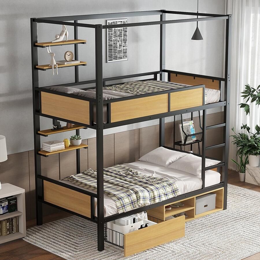 BLACKCOLORS Stapelbed bed van ijzer + MDF dubbele opbergplank aan de zijkant van het bed stabiele zijhekken en ladders opbergruimte onder het bed bedgordijn dat aan het bovenste bed kan worden bevestigd zwart + naturel