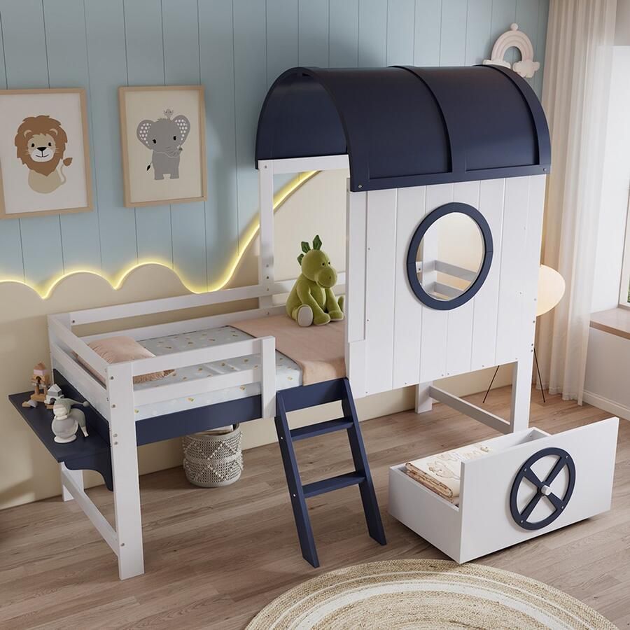 BLACKCOLORS Stapelbed halfhoog bed kinderbed met dak en raam onderlade op wieltjes praktische schuine ladder met twee treden grenen + MDF + multiplex wit + donkerblauw 90 x 200 cm
