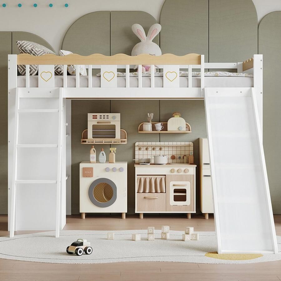 BLACKCOLORS Stapelbed kinderbed met glijbaan voor kinderen kast en opbergruimte onder het bed barrière aan vier zijden met verfijnde motieven grenen + MDF + multiplex wit + naturel 90 x 200 cm