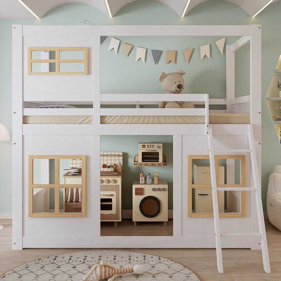 BLACKCOLORS Stapelbed kinderbed met mooie ramen stabiele ladder met barrière aan vier zijden grenen + MDF + multiplex wit + naturel 90 x 200 cm