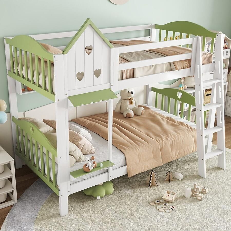 BLACKCOLORS Stapelbed kinderbed met valbeveiliging en spijlen met dak en raam open plank verfijnde massief houten barrière met ladder met vier treden massief houten frame grenen + MDF wit + groen 90 x 200 cm