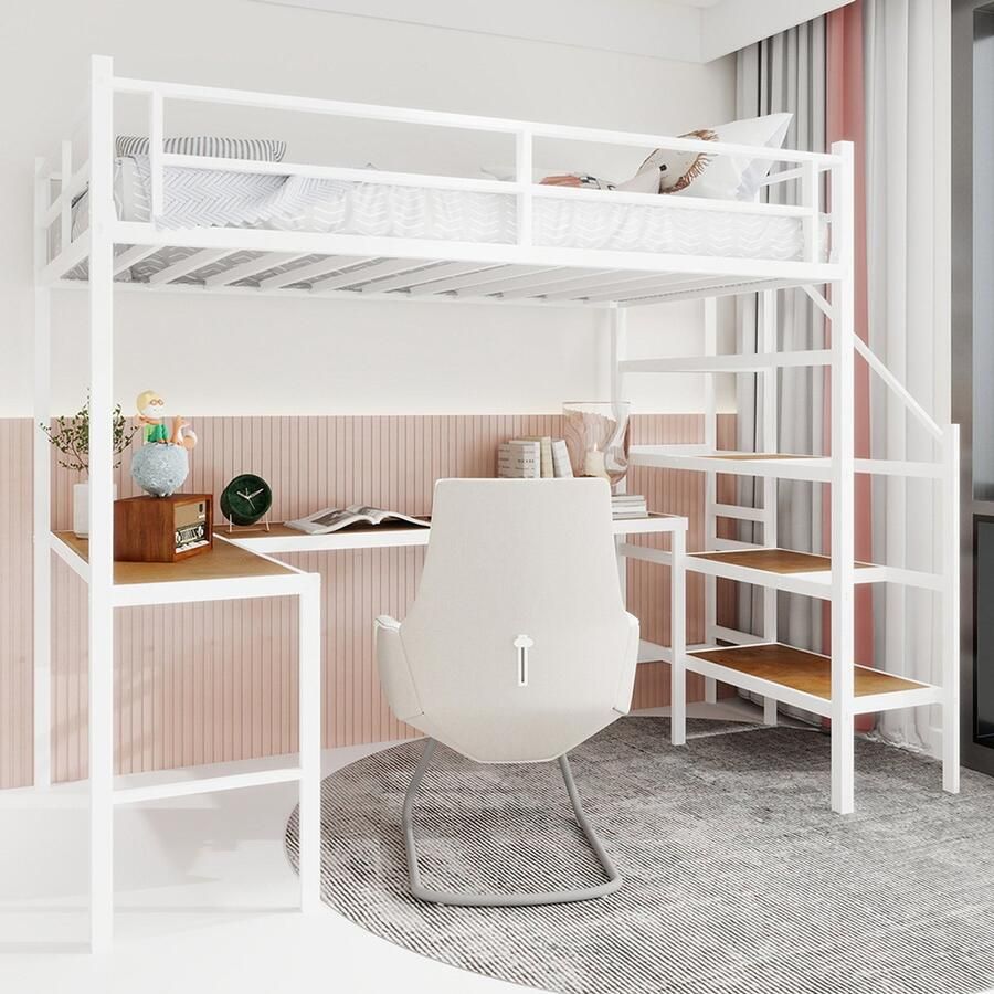 BLACKCOLORS Stapelbed met L-vormig bureau veel opbergruimte en vakken stabiel bedframe met trap doorlopende leuning ruimtebesparend geruisloos geen elastische veren nodig