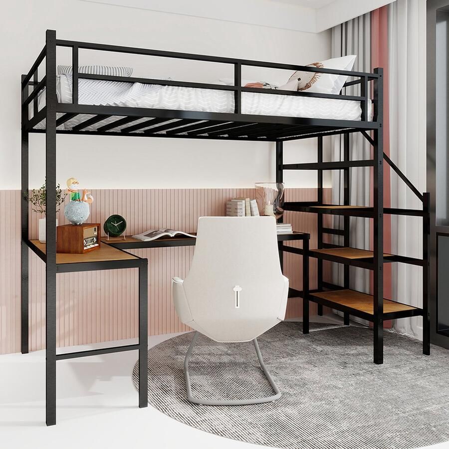 BLACKCOLORS Stapelbed met L-vormig bureau veel opbergruimte en vakken stabiel bedframe met trap doorlopende veiligheidsrail ruimtebesparend geruisloos geen veren nodig