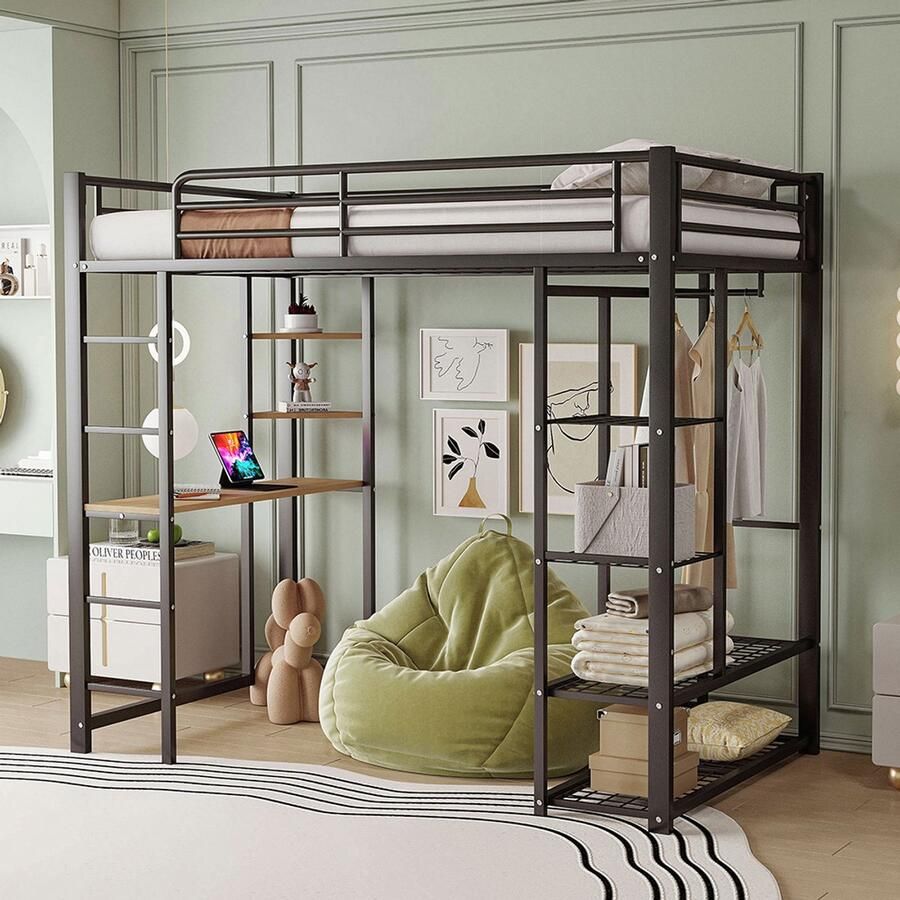 KOMHTOM Stapelbed met ladder 90*200 cm eenpersoonsbed voor kinderen met enkel hangend tafeltje en opbergvakken zwart