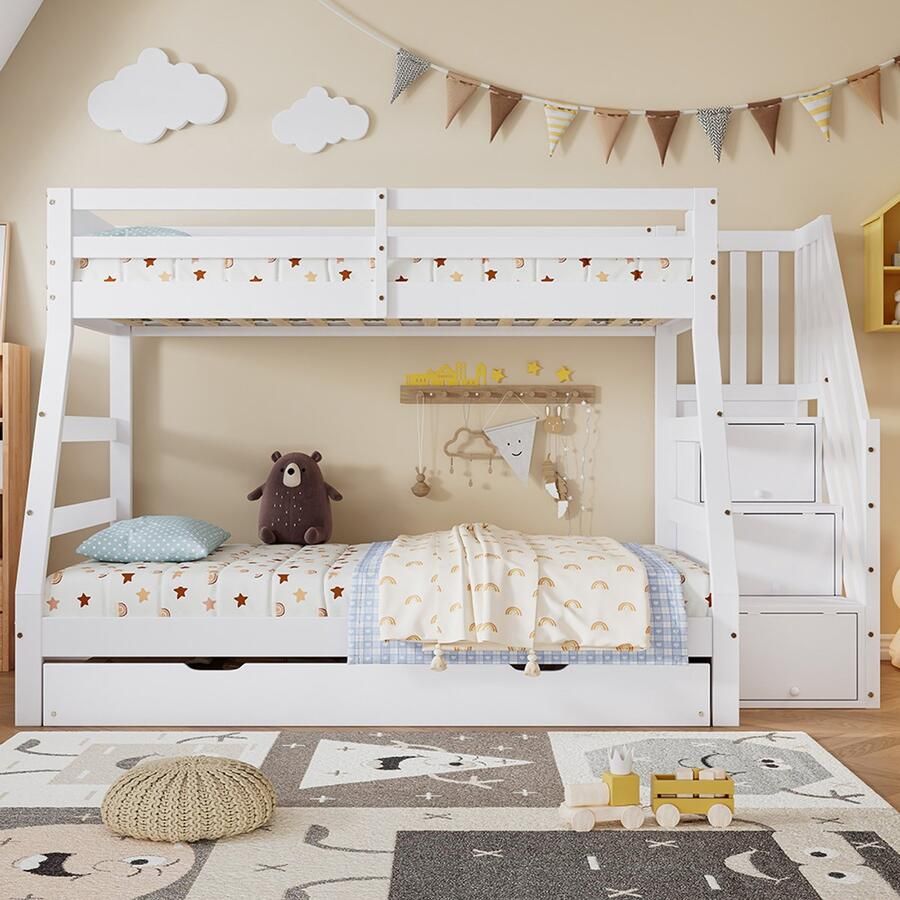 BLACKCOLORS Stapelbed met uitschuifbed kinderbed met ladder en leuning met veiligheidshekken aan alle kanten grenen + MDF wit 90 x 190 cm Uitschuifbed 90 120 x 200 cm