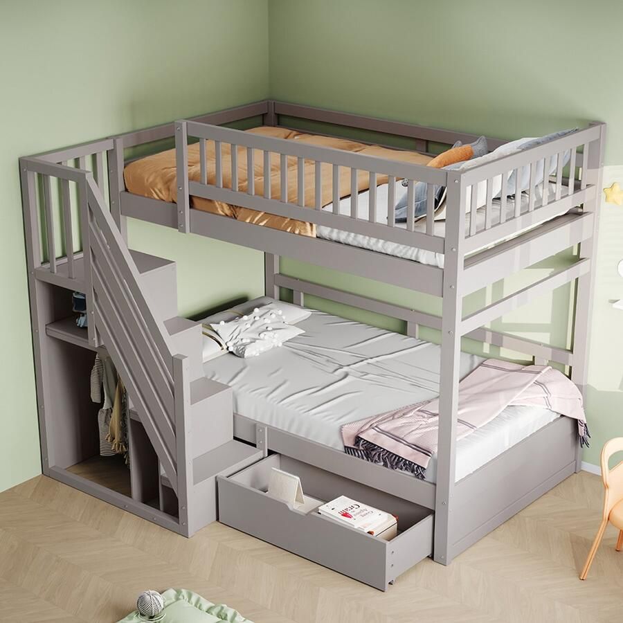 KOMHTOM Stapelbed van massief hout 90*200 cm met hoge veiligheidsrail met lattenbodem veiligheidsladder met opbergruimte met opberglades kinderbed tienerbed grijs