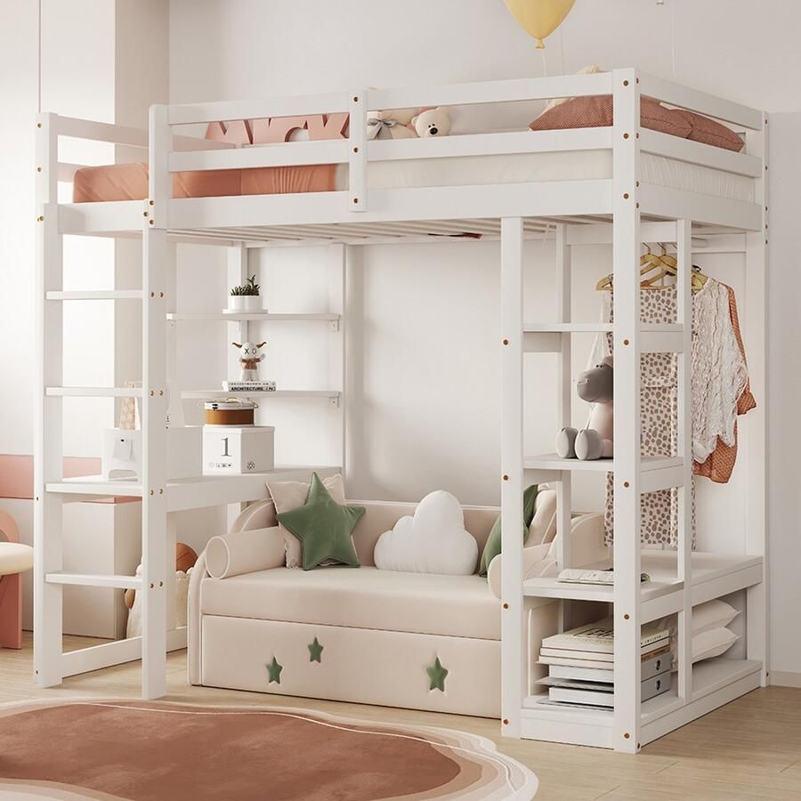 Pugsdrly Stapelbed voor kinderen van massief hout met ladder 90*200 cm met tafel en planken met eenvoudige kleerhangers en planken kinderbedden tienerbedden eenpersoonsbedden wit