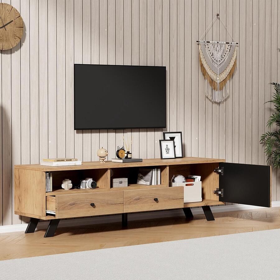 BLACKCOLORS TV-meubel 150*38*44 cm klein TV-meubel met 2 lades laag meubel met kast breedte 150 cm geschikt voor 60 inch tv's woonkamermeubel in houtkleur