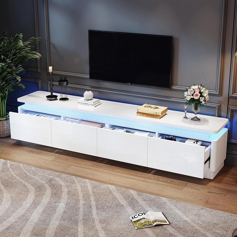 BLACKCOLORS TV-meubel 180*34*40 cm met 4 lades TV-meubel en TV-kast met LED-verlichting glanzend laag meubel en TV-tafel TV-meubel en TV-commode geschikt voor tv's van ongeveer 80 inch wit
