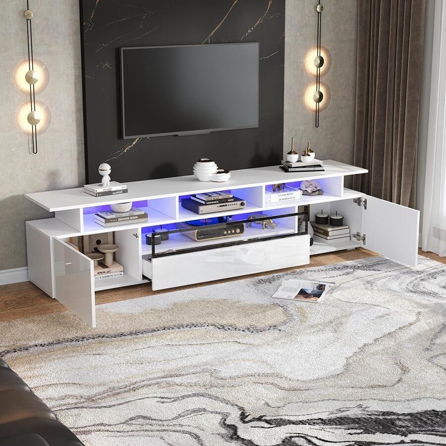 BLACKCOLORS TV-meubel 180*38*45 cm glanzende tv-steun tv-meubel met 2 kasten en 1 lade laag meubel met ledverlichting en 10 planken staand woonkamermeubel geschikt voor tv's van ongeveer 75 inch