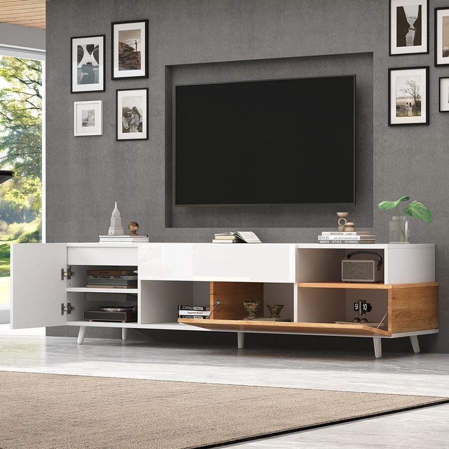 BLACKCOLORS TV-meubel 180*38*50 cm laag meubel met onderdeur en 1 lade TV-meubel met 7 opbergvakken glanzend TV-meubel tv-tafel woonkamercommode geschikt voor tv's van ongeveer 75 inch