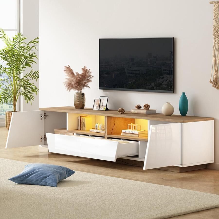 BLACKCOLORS TV-meubel 180*40*46 cm met 2 lades en 2 kasten TV-meubel met LED glanzend ondermeubel en tv-tafel geschikt voor tv's tot 75 inch wit + houtkleur