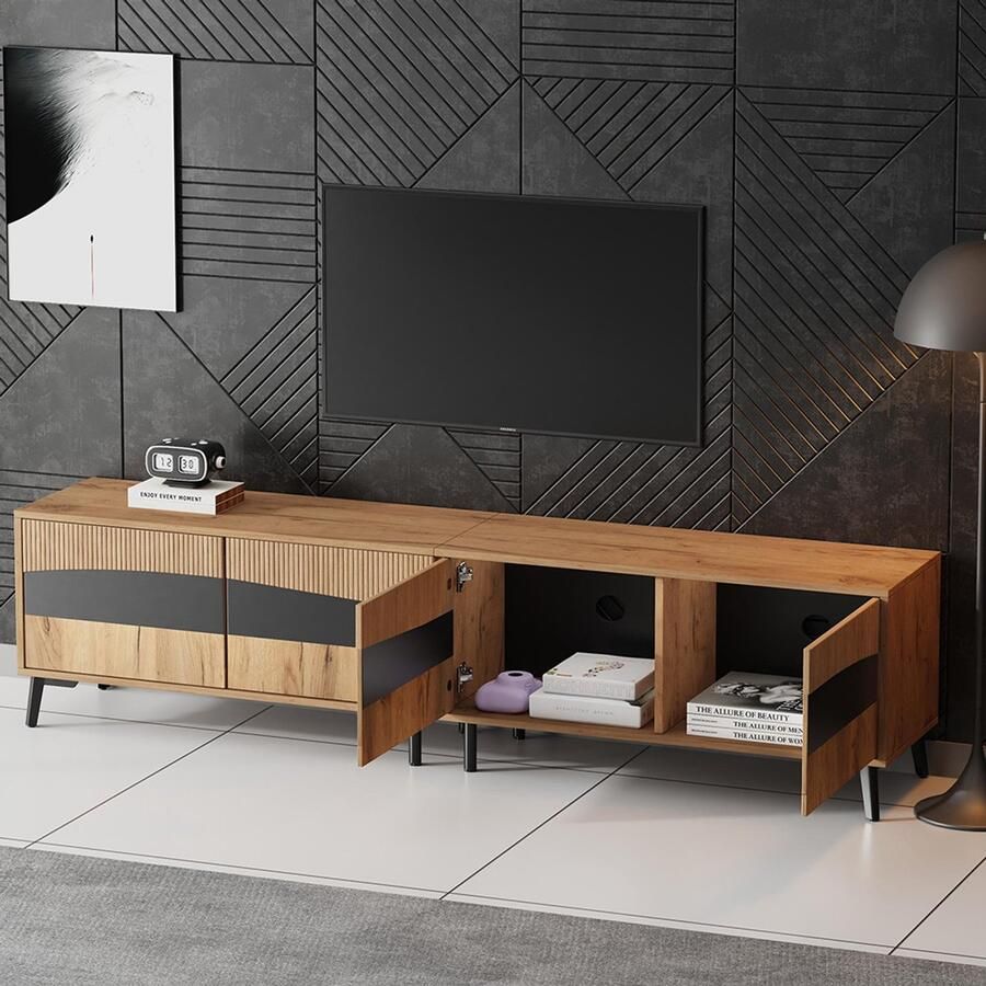 BLACKCOLORS TV-meubel 180*40*50 cm houtkleur + zwarte tv-steun tv-meubel met 4 kasten woonkamermeubel met 8 steunpoten aanbevolen draagvermogen 30 kg symmetrisch ontwerp laag meubel