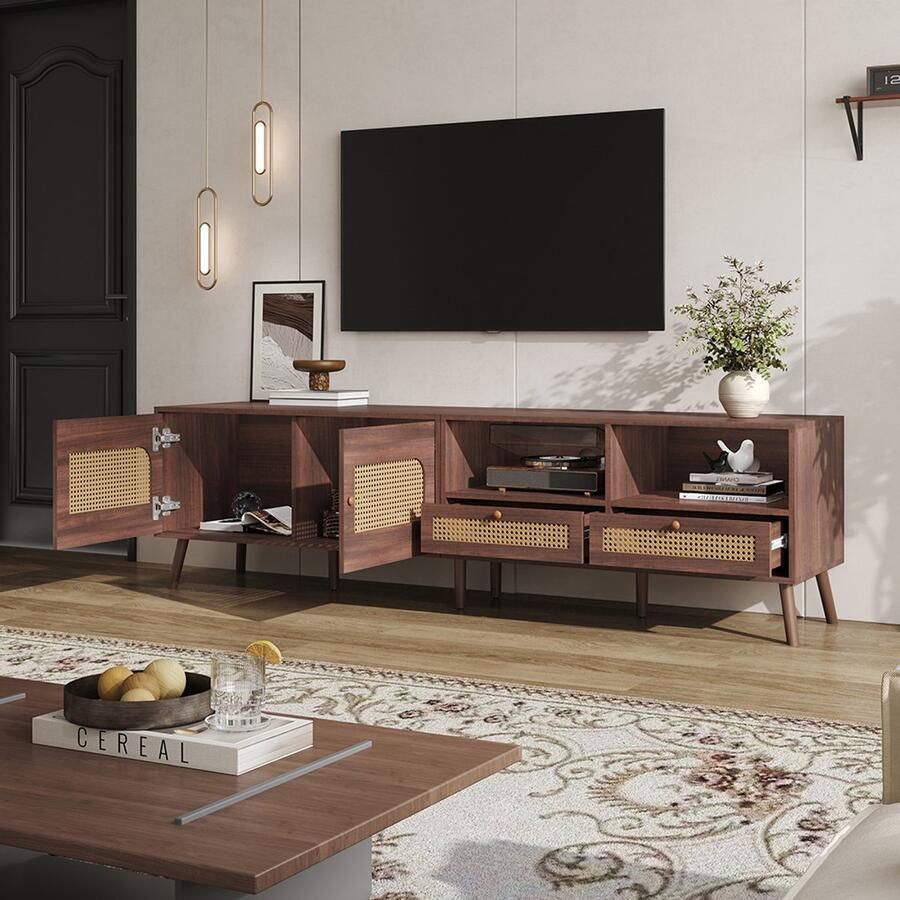 BLACKCOLORS TV-meubel 200*37*49 5 cm voor 80 inch tv met 2 rotan deuren 2 lades laag meubel met 8 poten modern multimedia-centrum bruin