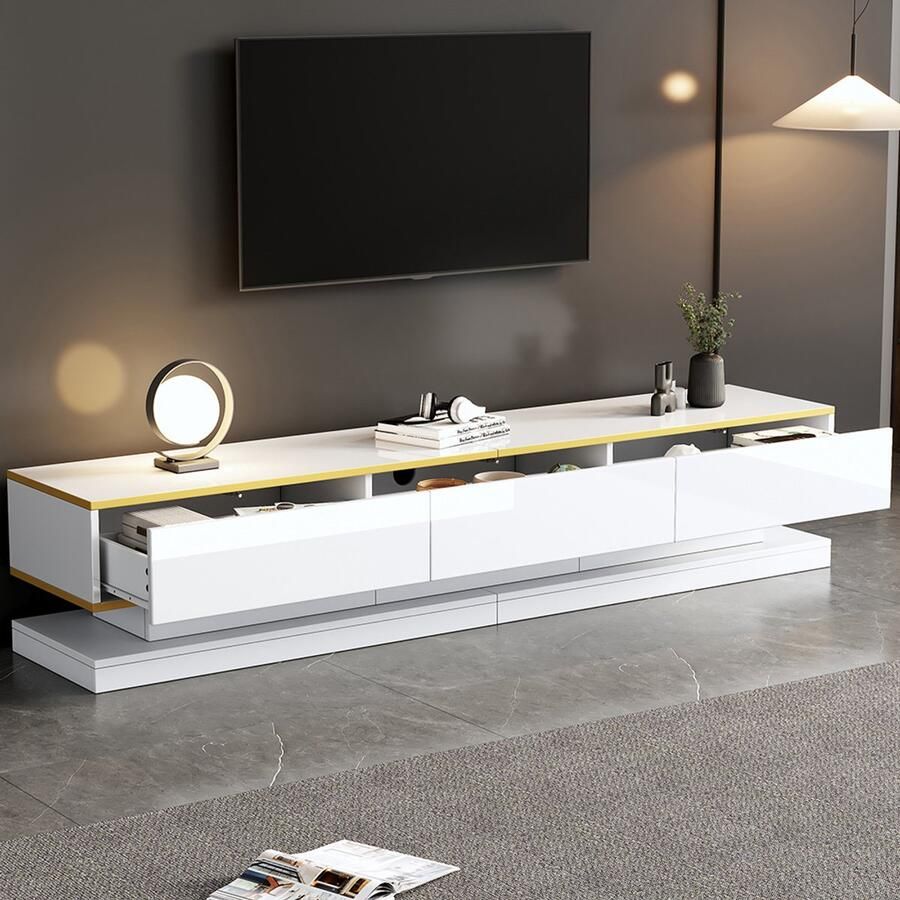 BLACKCOLORS TV-meubel 200*40*40 cm laag meubel met 3 lades glanzend TV-meubel woonkamermeubel met veel opbergruimte warm wit tv-tafeltje met gouden rand TV-meubel op poten