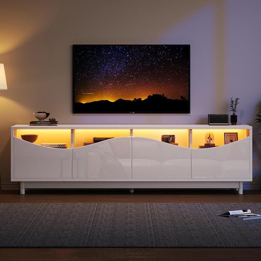 Pugsdrly TV-meubel met gebogen design wit glanzend deur van gehard glas ledverlichting geschikt als entertainmentmeubel slaapkamer woonkamer 175 x 38 x 51 cm
