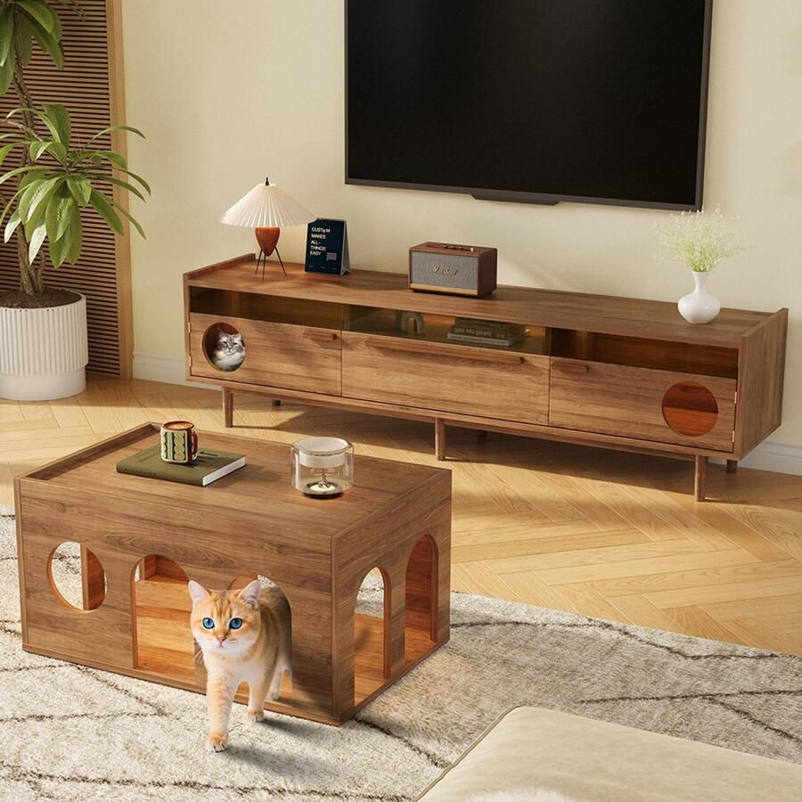 Pugsdrly TV-meubel + salontafel gecombineerde meubelset voor de woonkamer 2-delige TV-meubelset LED-TV-meubel meubels voor huisdieren TV-meubel met kattenmand meubelset in notenhout