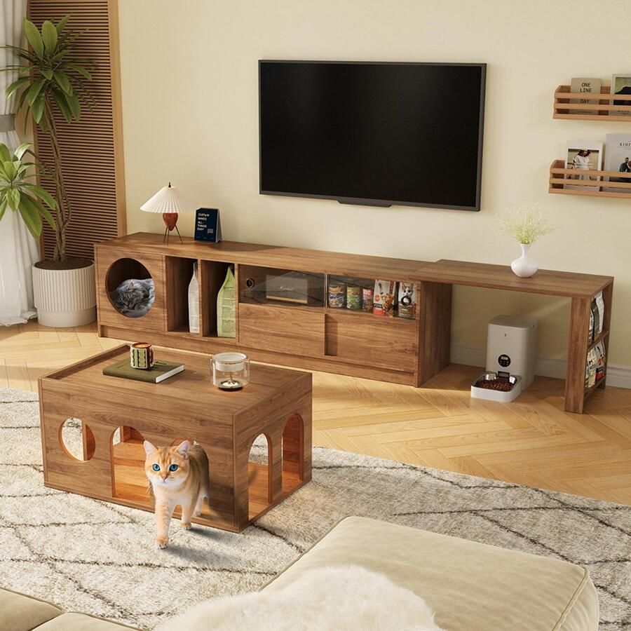 BLACKCOLORS TV-meubel + salontafel gecombineerde meubelset voor de woonkamer 2-delige TV-meubelset multifunctioneel draaibaar TV-meubel meubels voor huisdieren TV-meubel met kattenmand meubelset van notenhout