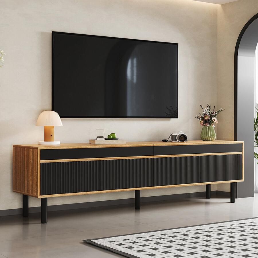 BLACKCOLORS TV-meubel TV-standaard TV-paneel laag meubel met drie deuren en verfijnde texturen. Verkrijgbaar in zwart en naturel hout. Hoogte 47 cm lengte 170 cm breedte 38 cm