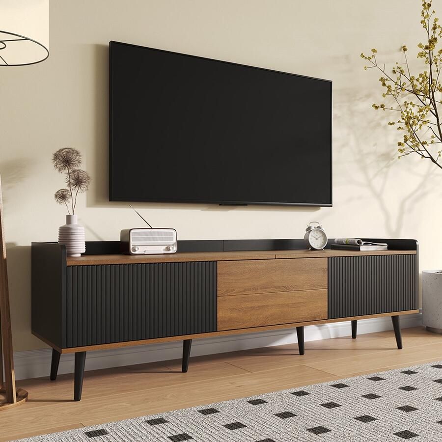 BLACKCOLORS Tv-meubel tv-tafel tv-houder laag meubel met drie deuren. Compacte constructie. Afwerking in zwart en naturel hout. Hoogte 49 5 cm lengte 160 cm breedte 39 cm