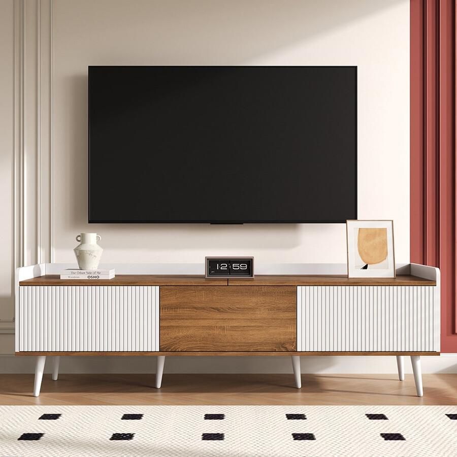 Pugsdrly TV-kast 160 L x 39 B x 49 5 H 3-deurs onderkast wit met natuurlijke houtafwerking modern design woonkamer meubel