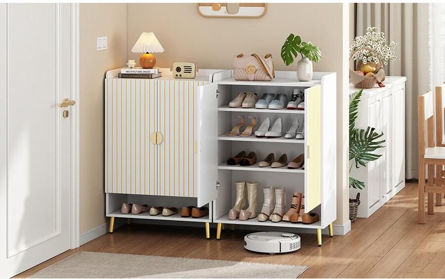 BLACKCOLORS Twee moderne schoenenkasten met dubbele deuren schoenenkast voor de hal voor opslag en organisatie schoenenkast van MDF schoenenrek met drie niveaus in wit open lade onderaan 75 x 35