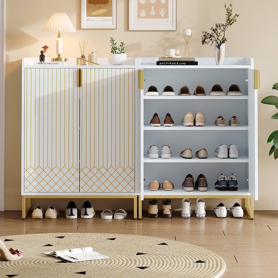 Pugsdrly twee moderne witte schoenenkasten met gouden metalen poten en opbergkasten met gouden deuren afmetingen 75 x 37 x 105 cm