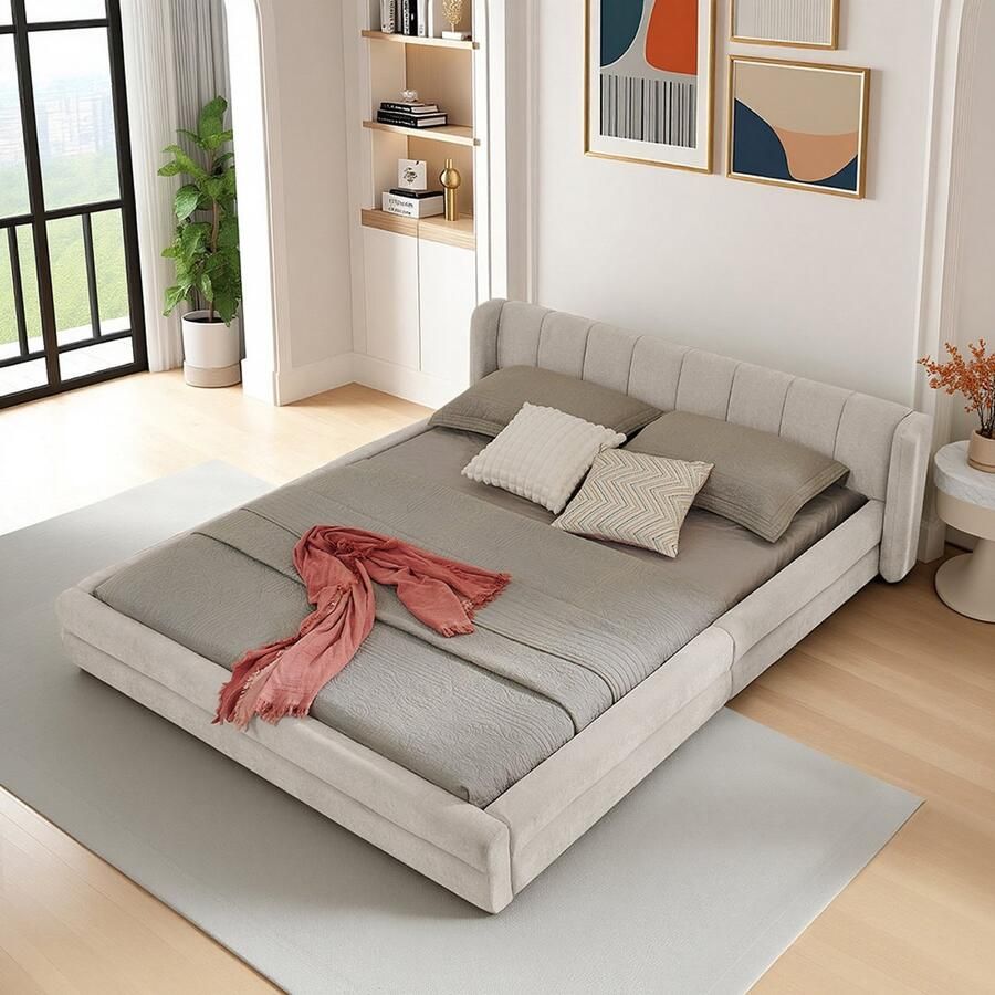 BLACKCOLORS Tweepersoonsbed 140×200 cm chenille stof comfortabele rugleuning stevig frame van eucalyptus en ijzer eenvoudig te monteren beige (zonder matras)