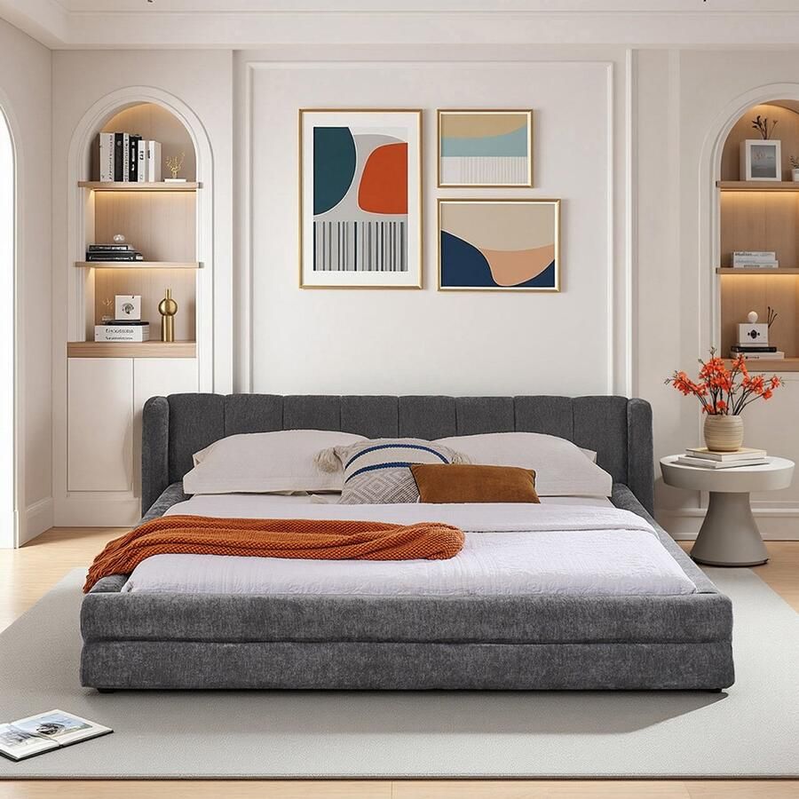 BLACKCOLORS Tweepersoonsbed 140×200 cm chenille stof comfortabele rugleuning stevig frame van eucalyptus en ijzer eenvoudig te monteren donkergrijs (zonder matras)