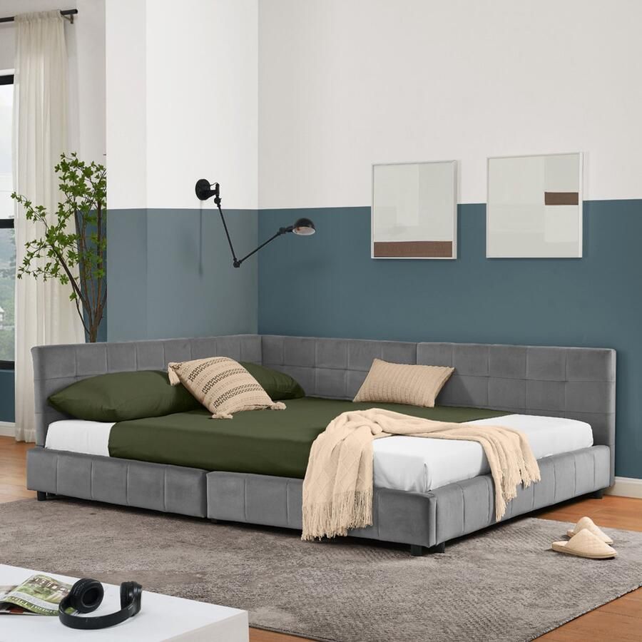 BLACKCOLORS Tweepersoonsbed 140*200 cm met bekleding zacht fluweel dat prettig aanvoelt L-vormig hoekbedframe stevige latten van eucalyptus en ijzer eenvoudig te monteren donkergrijs (zonder matras)
