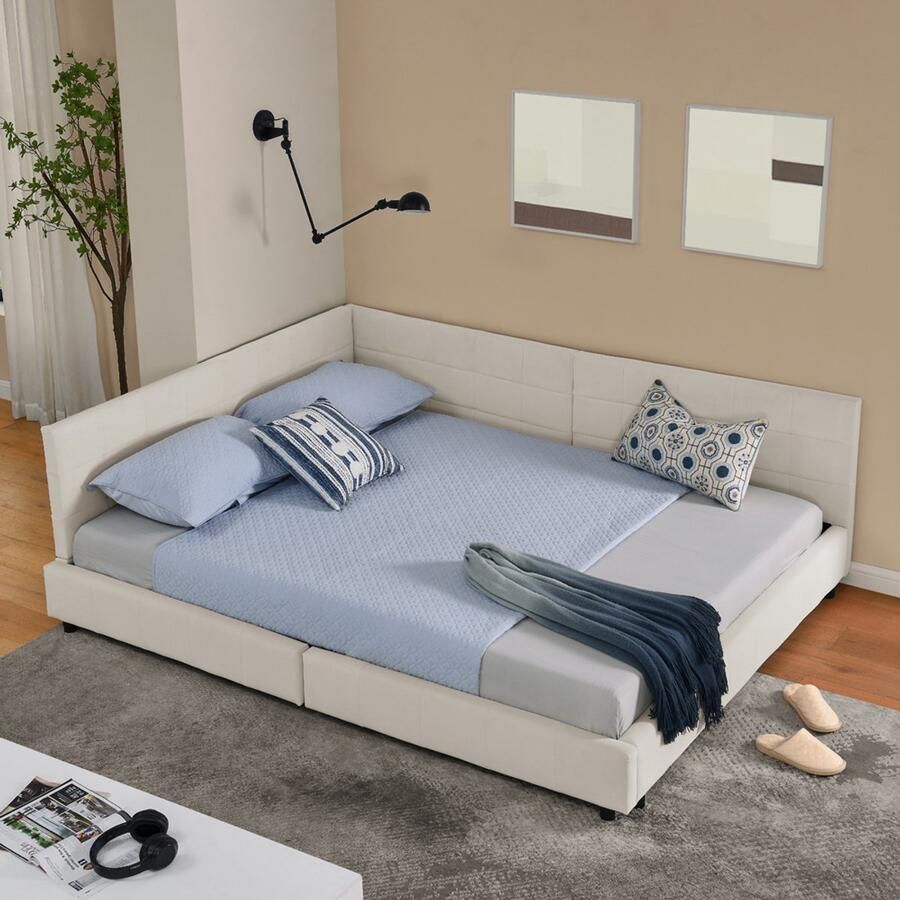 BLACKCOLORS Tweepersoonsbed 160*200 cm met bekleding zacht fluweel dat aangenaam aanvoelt L-vormig hoekbedframe stevige latten van eucalyptus en ijzer eenvoudig te monteren beige (zonder matras)