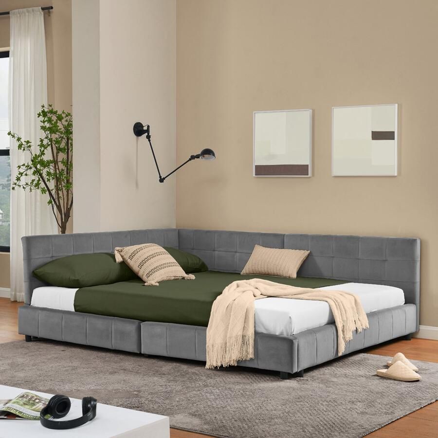 BLACKCOLORS Tweepersoonsbed 160*200 cm met bekleding zacht fluweel dat aangenaam aanvoelt L-vormig hoekbedframe stevige latten van eucalyptus en ijzer eenvoudig te monteren donkergrijs (zonder matras)