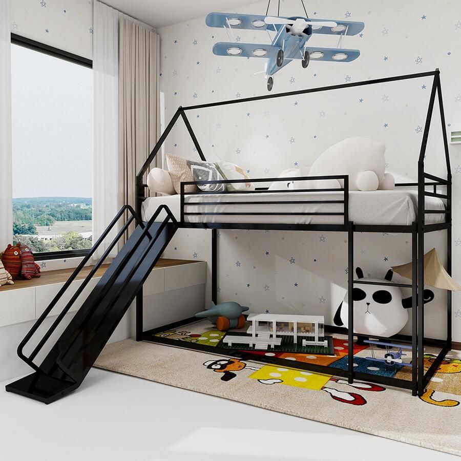 BLACKCOLORS Twin over Twin stapelbed met glijbaan voor kinderkamer bedframe in de vorm van een huis met ladder geen lattenbodem nodig en eenvoudig te monteren
