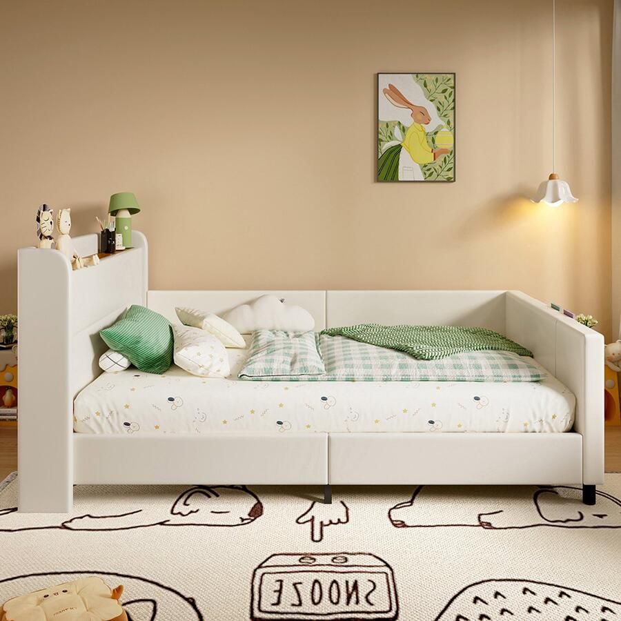 BLACKCOLORS Uitschuifbaar kinderbed gestoffeerd bed dagbed slaapbank met metalen lattenbodem kinder nachtkastje met neerklapbare deur aan de onderkant moderne bedbodem met opbergruimte 3 kleine opbergzakken PU+MDF+multiplex