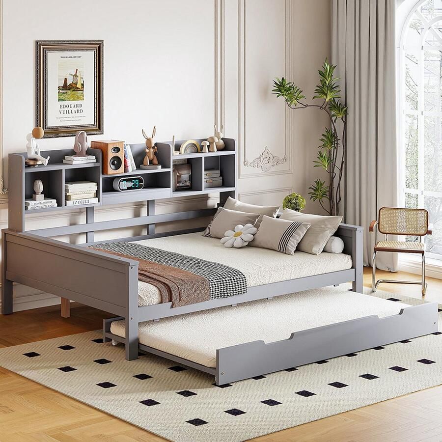 BLACKCOLORS Uitschuifbare slaapbank 140*200 cm van massief hout uitschuifbaar bed 90*190 cm met opbergruimte en lattenbodem grenen Multifunctionele bed grijs