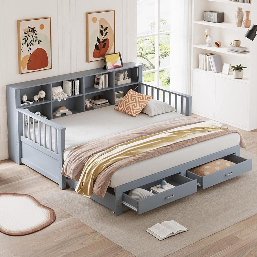 BLACKCOLORS Uitschuifbare slaapbank van massief hout 90 180x190 cm opbergkast met oplaadpunt in de armleuning met 2 lades en lattenbodem multifunctioneel bed van grenenhout grijs