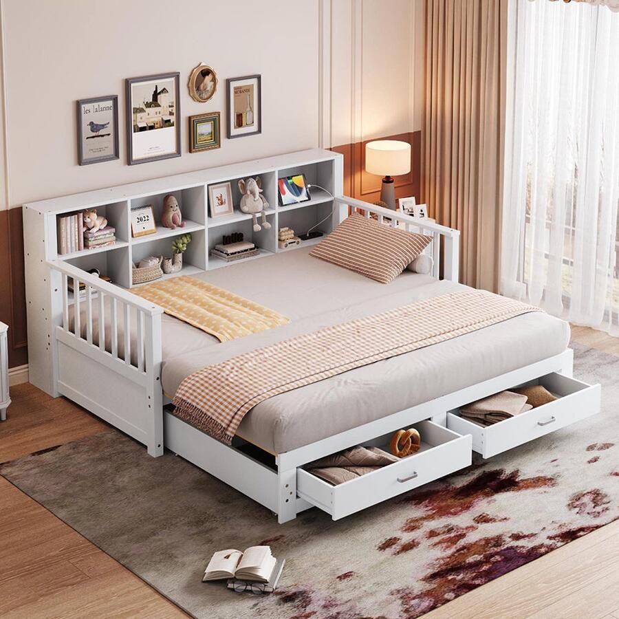 BLACKCOLORS Uitschuifbare slaapbank van massief hout 90 180x190 cm opbergkast met oplaadpunt in de armleuning met 2 lades en lattenbodem multifunctioneel bed van grenenhout wit