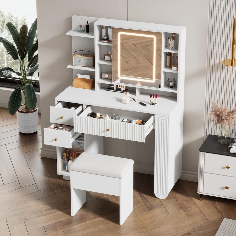 Merax Verlicht kaptafel met spiegel en kruk modern dressoir met instelbare helderheid lades en open planken wit 100x40x138 cm