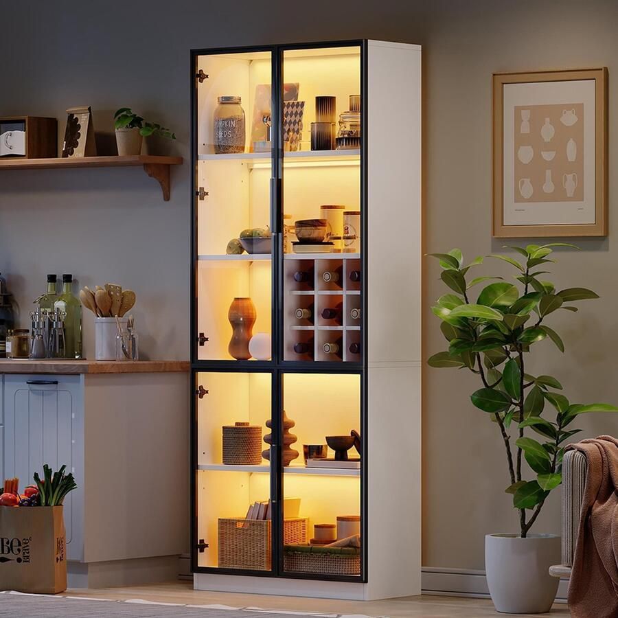 BLACKCOLORS Vitrinekast 80*35*200 cm glazen vitrinekast met glazen deuren en ledverlichting hoge kast boekenkast staande vitrinekast wijnkast Elegante buffetkast met dubbele deuren glazen plank en wijnrek