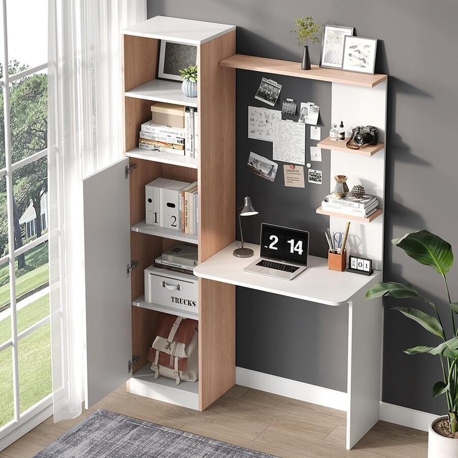 Pugsdrly Werktafel bureau met opbergruimte – Wit met contrast in massief hout onderkast met deuren en open bovenplank bureau-ontwerp 123 5 x 45 x 168 5 cm