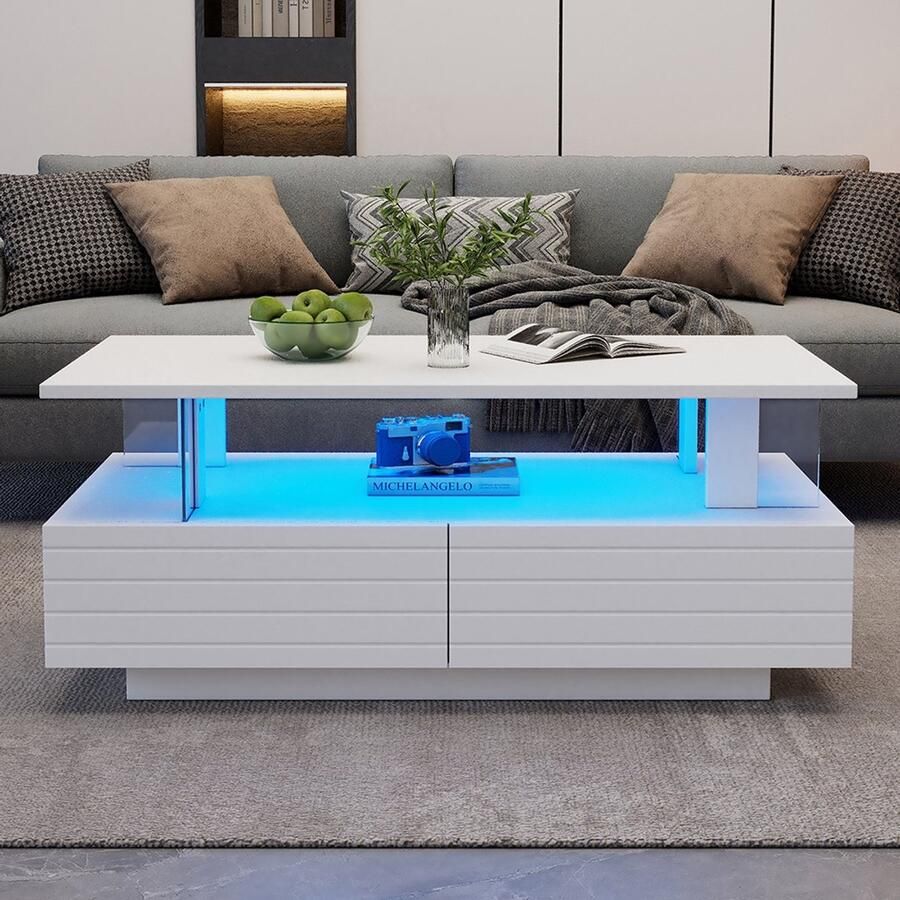 BLACKCOLORS Witte LED-salontafel met opbergfunctie LED-salontafel van acryl bijzettafel rechthoekige salontafel met dubbele laag en Bluetooth-bediening via een mobiele app geschikt voor feesten kantoren