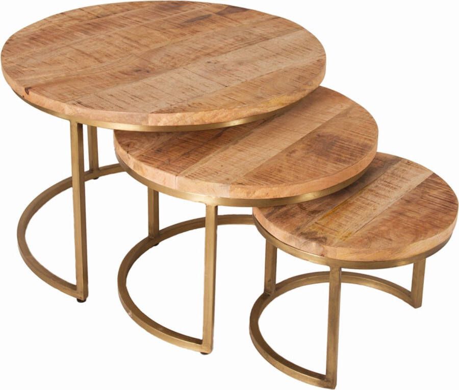 BLenS Salontafel Boksel Rond Mangohout Goud Set van 3