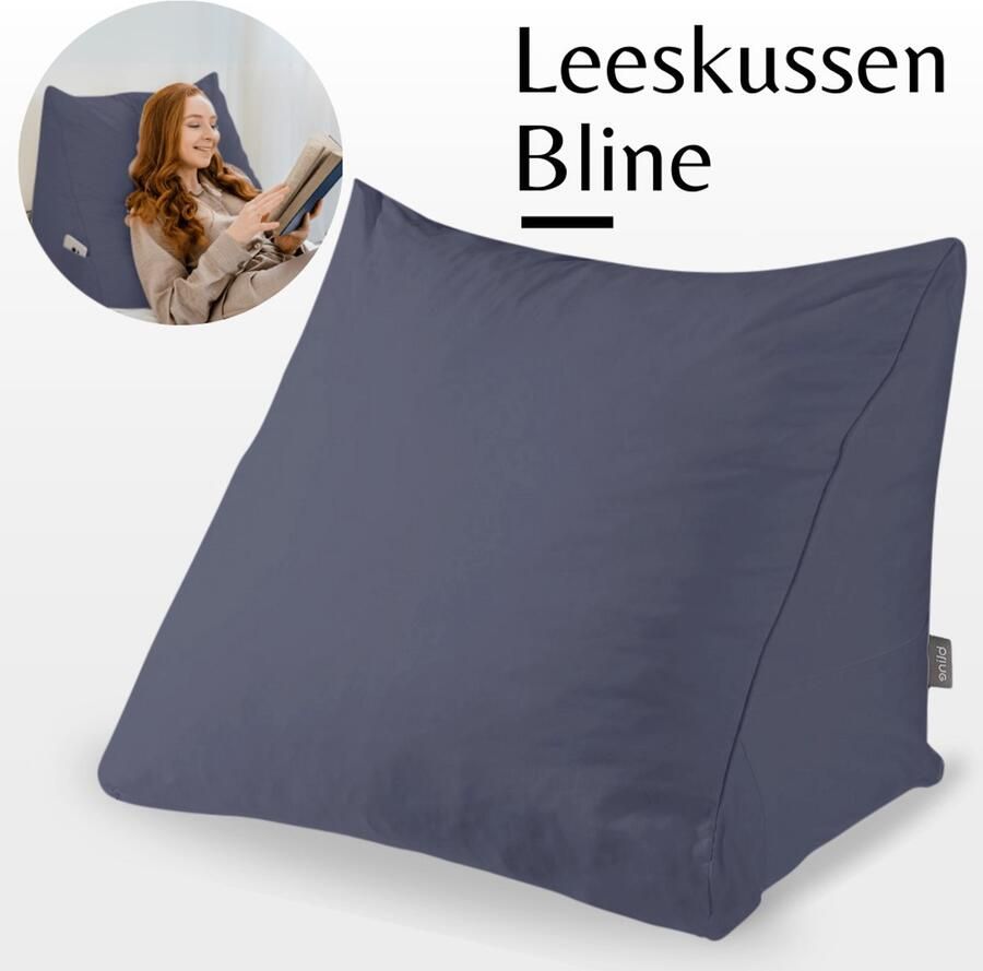Bline Leeskussen blauw – Ergonomisch Leeskussen voor in Bed blauw – Traagschuim Antraciet – Bookseat – Zitkussen – Ondersteuning bij Lezen – Met Zijvak