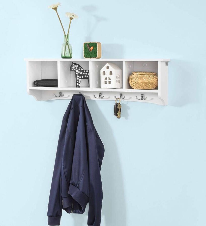 BLO Wandgemonteerde ingang opbergkast opknoping muur kapstok met 4 opslageenheden en 5 dubbele haken moderne muurkapstok voor woonkamer keuken 72 x 15 x 23 cm