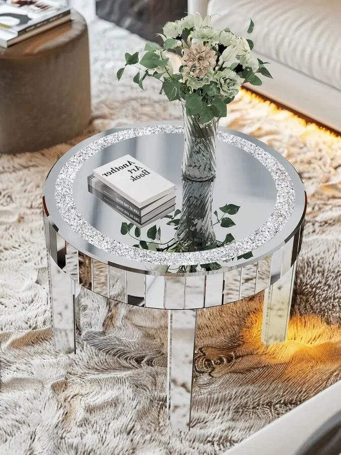 Bloominggoods Bijzettafel Kristal Bijzettafel Spiegel Rond Zilver Diamanten Glazen Bijzettafel Ø60CM Bling